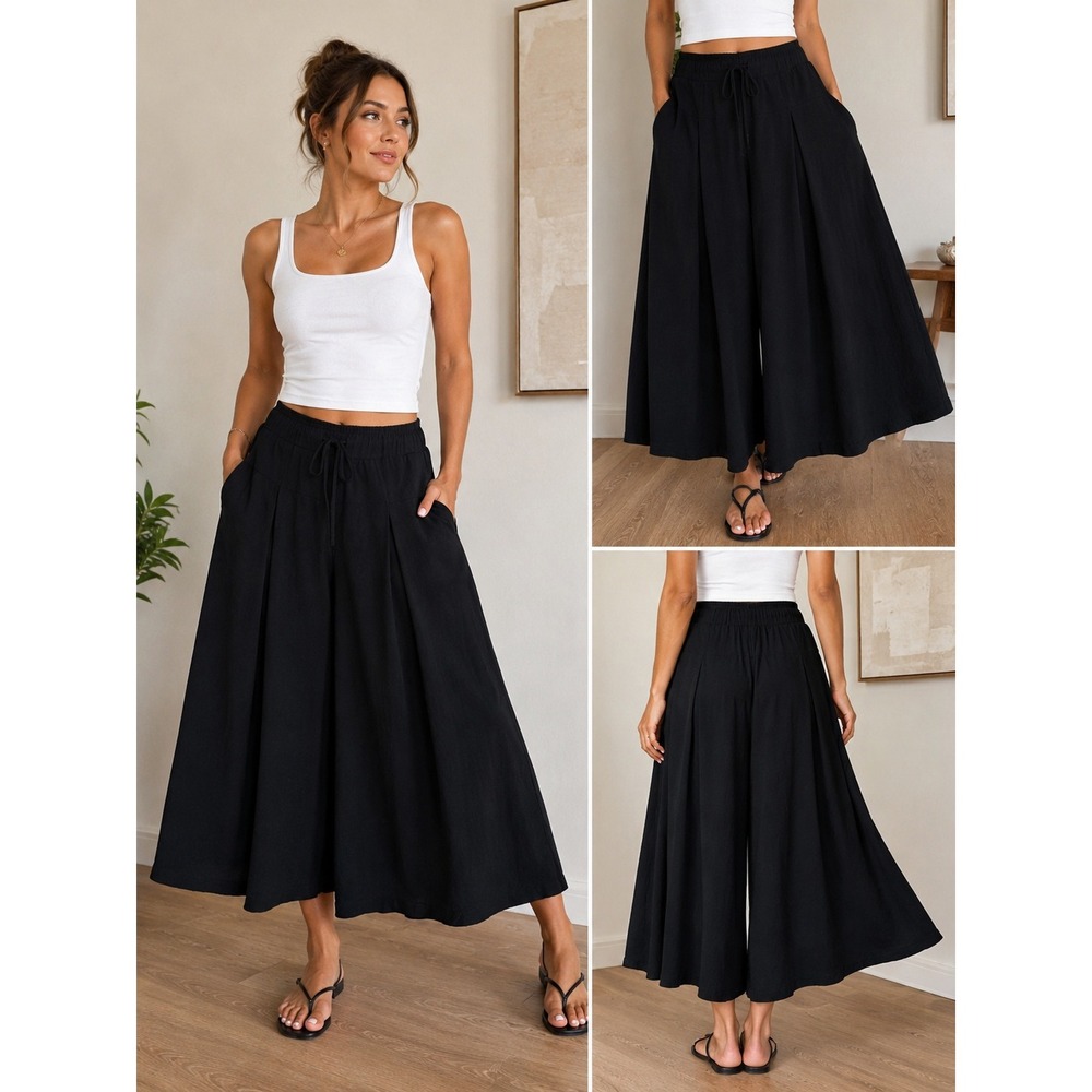 festival Wide Leg Culotte Pants Women Black Flowy Cropped Drawstring XL Y2K boho